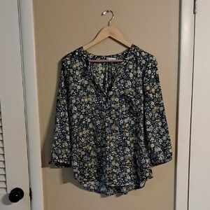 Liz Claiborne Navy and Mustard Floral Blouse